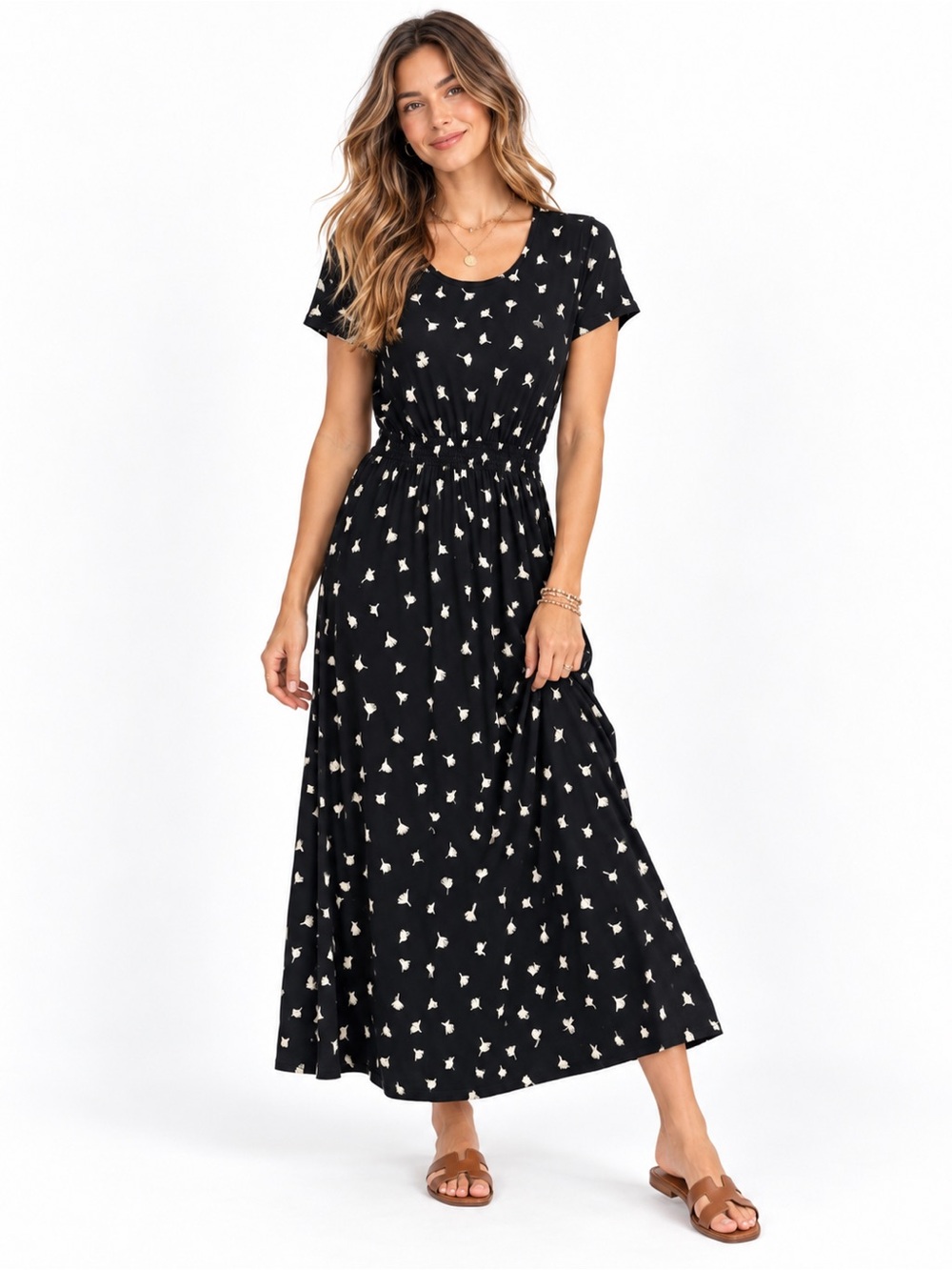 J.Jill Wearever Sz XS Black Ginkgo Floral Midi Maxi Dress Stretch Minimalist